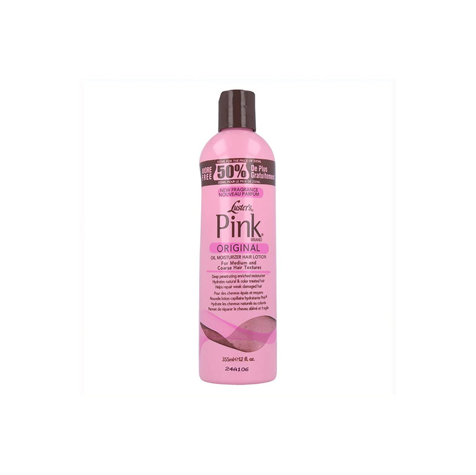 Luster Pink bottle front packaging showing label and size, easy-to-use benefit
