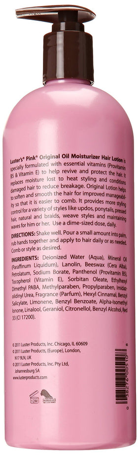 Luster's pink ingredient label close-up highlighting product origin and features