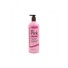 Luster's pink oil moisturizer front bottle showing label and size benefit