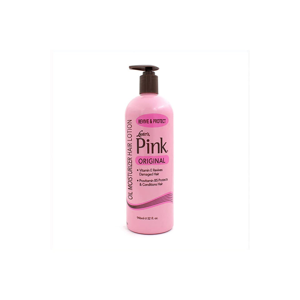 Luster's pink oil moisturizer front bottle showing label and size benefit