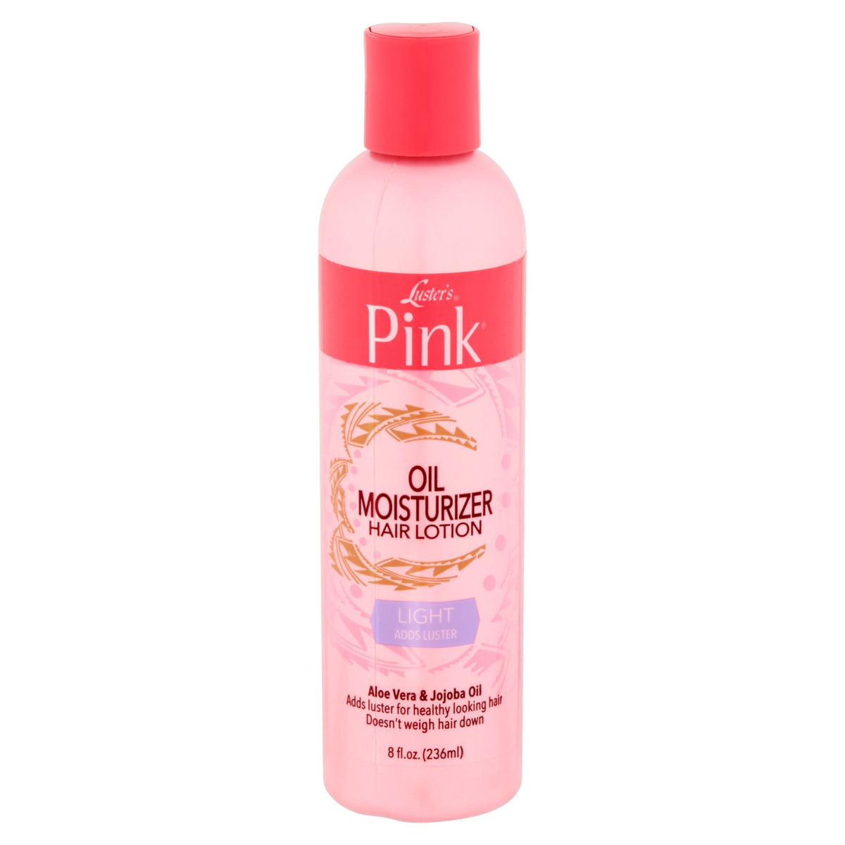 Luster's front bottle showing label and lightweight lotion for added shine
