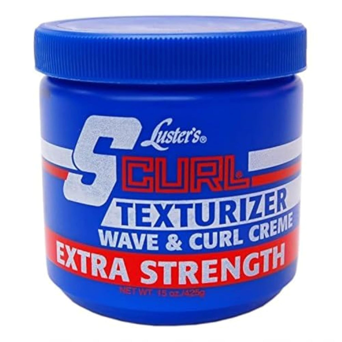 Luster's S Curl extra strength jar front view, clear labeling and size