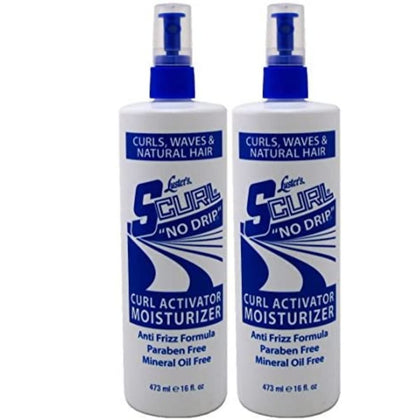Luster's S-Curl front packaging showing two 16 oz bottles and label benefits