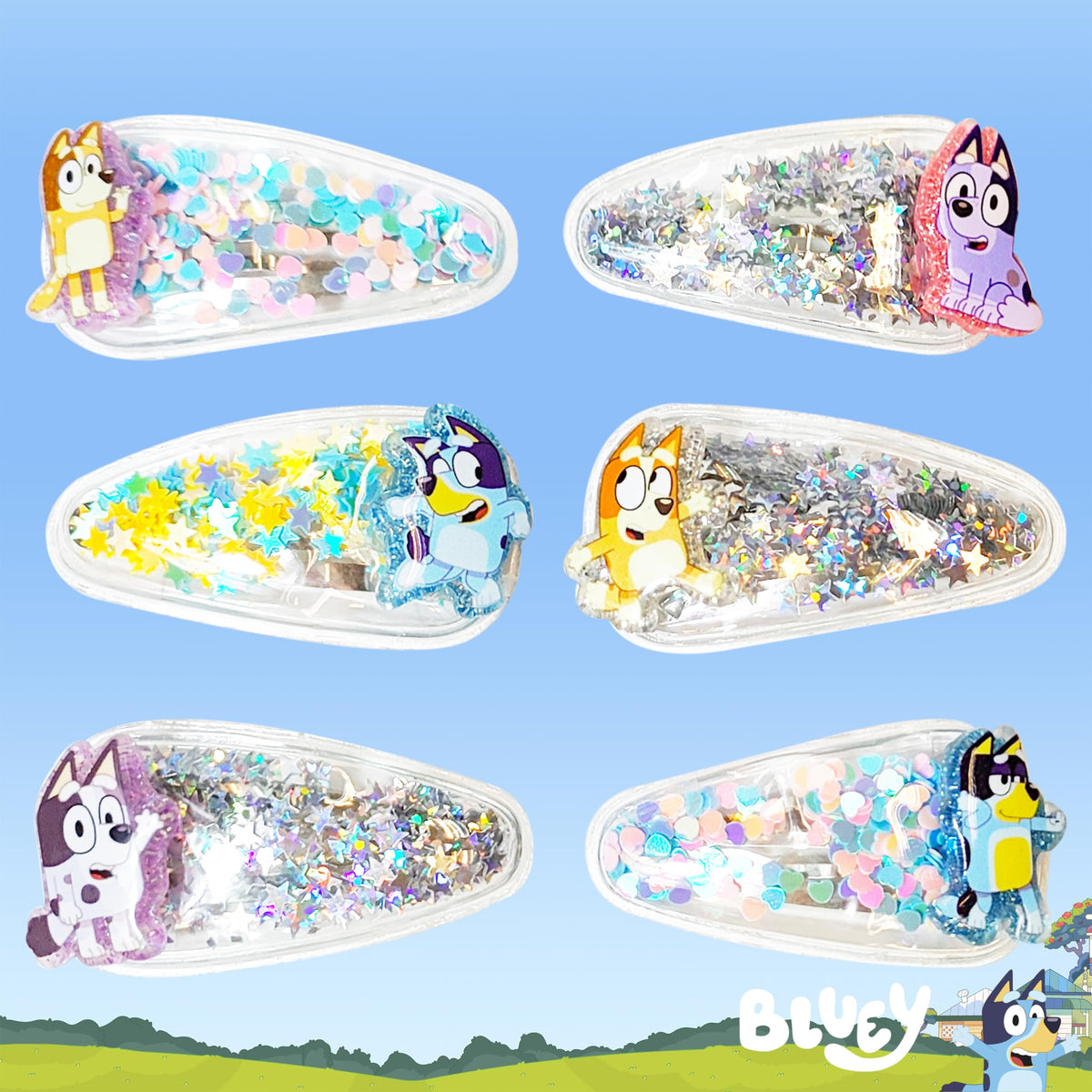 LUV HER Bluey clip texture detail showing confetti finish and secure snap