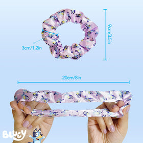 LUV HER four colorful Bluey scrunchies showing silk-feel protection