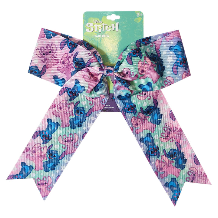 LUV HER front view of large Stitch bow showing colorful printed design and playful appeal
