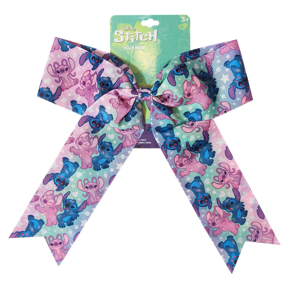 LUV HER front view of large Stitch bow showing colorful printed design and playful appeal