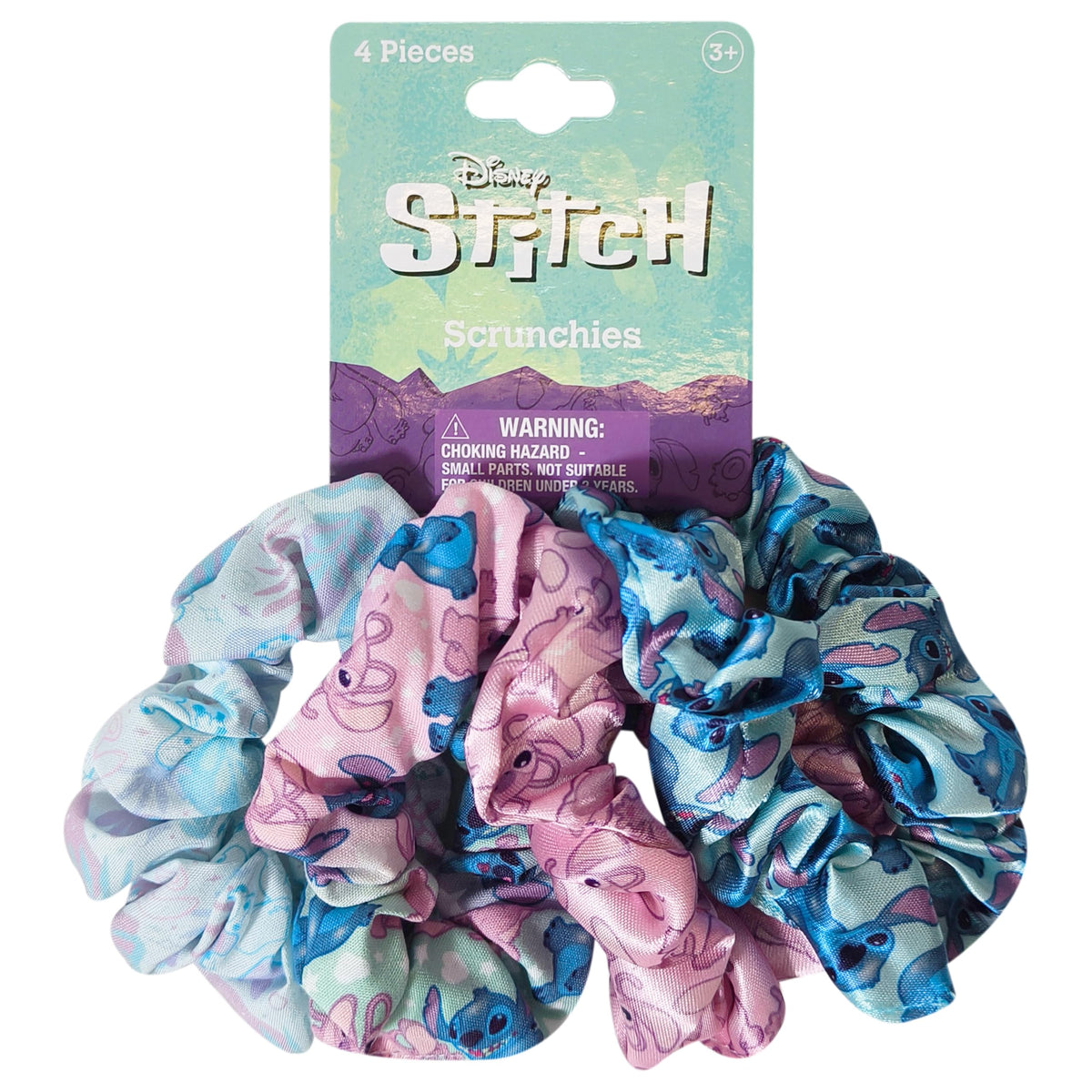 LUV HER front view of four Disney Stitch scrunchies showing colorful designs and size benefit