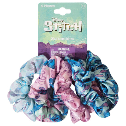 LUV HER front view of four Disney Stitch scrunchies showing colorful designs and size benefit