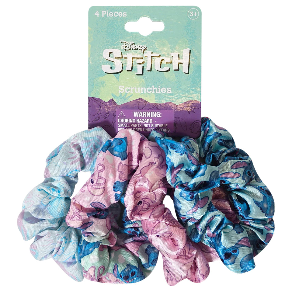 LUV HER front view of four Disney Stitch scrunchies showing colorful designs and size benefit