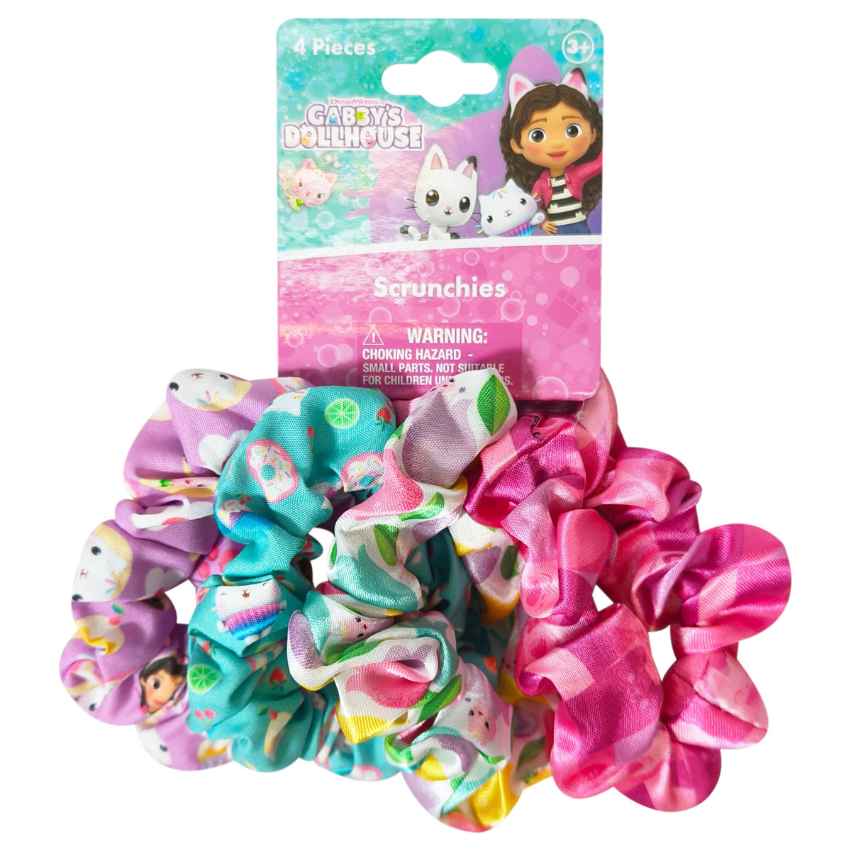 LUV HER scrunchies front pack showing four large printed scrunchies and playful characters