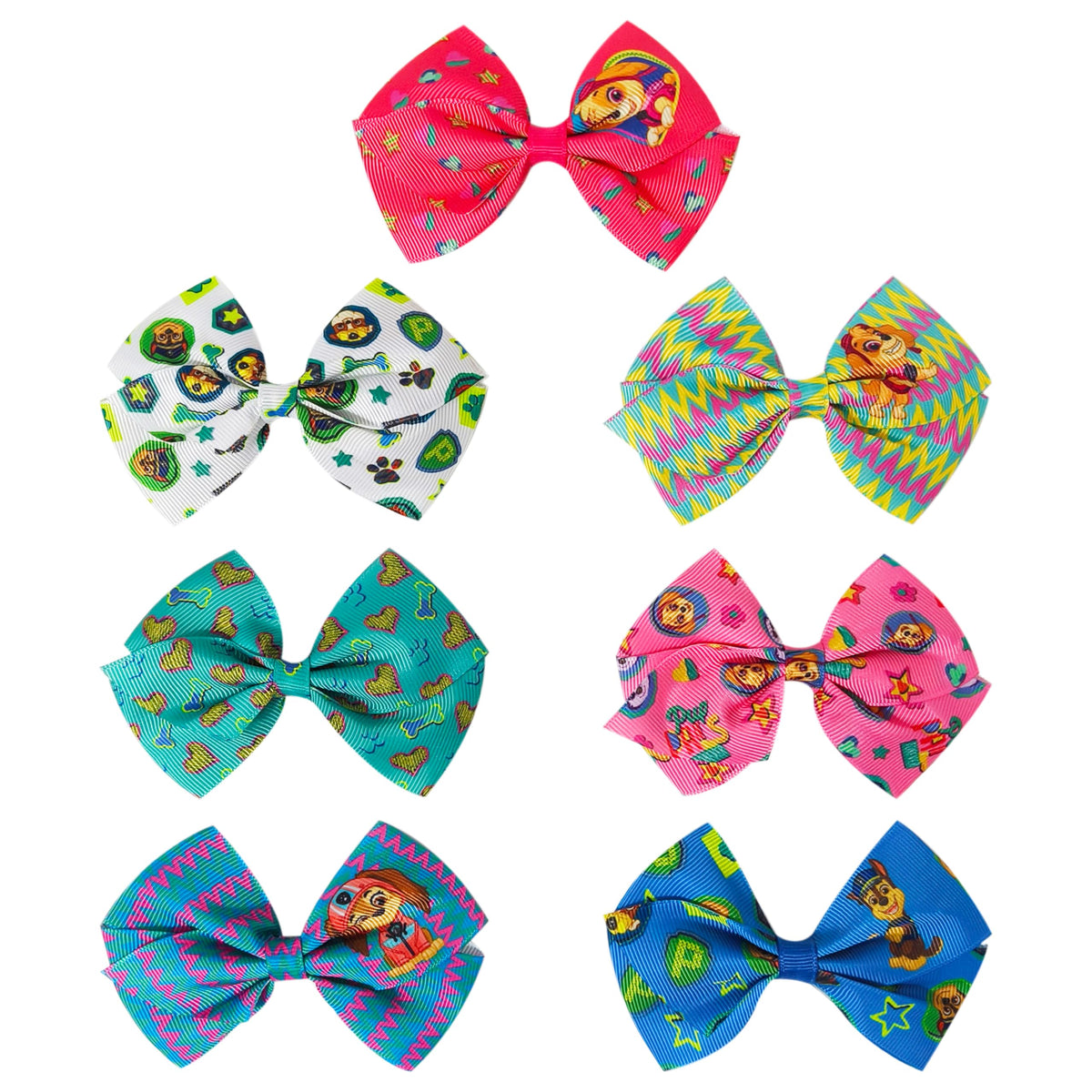 LUV HER close-up of Paw Patrol printed fabric on bow, clear character detail and color