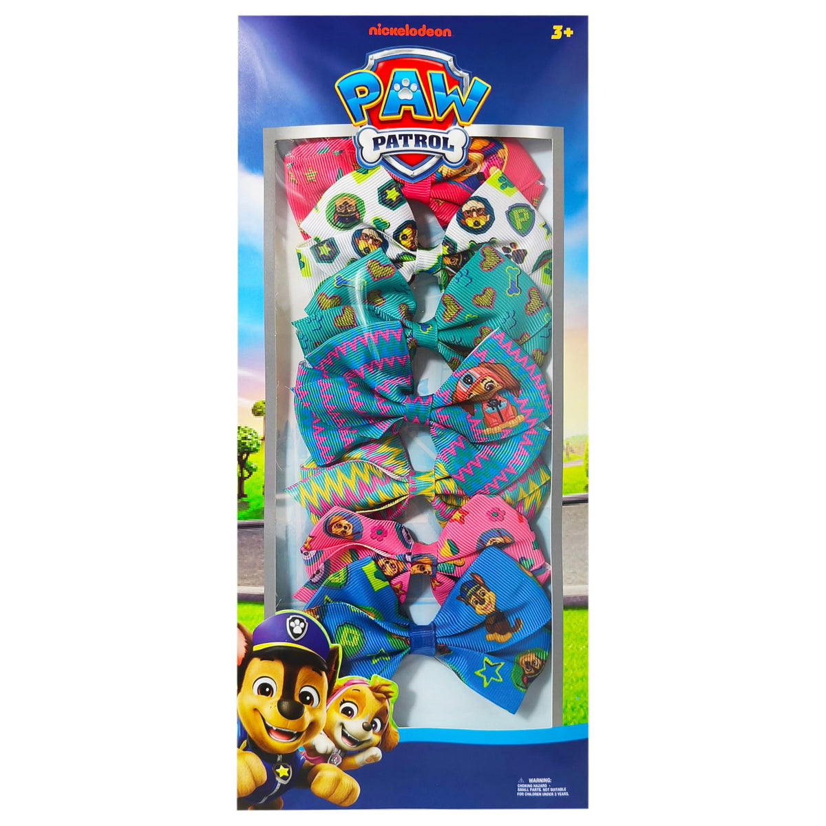 LUV HER front-packaging showing seven colorful Paw Patrol bows and branding, playful appeal