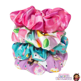 LUV HER scrunchies next to a hand showing large size and secure elastic fit