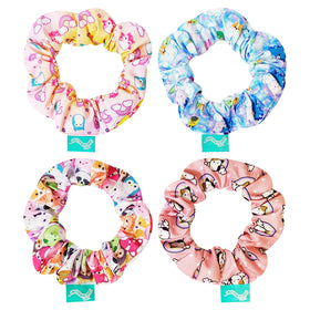 LUV HER front packaging showing all four printed scrunchies and characters for instant styling