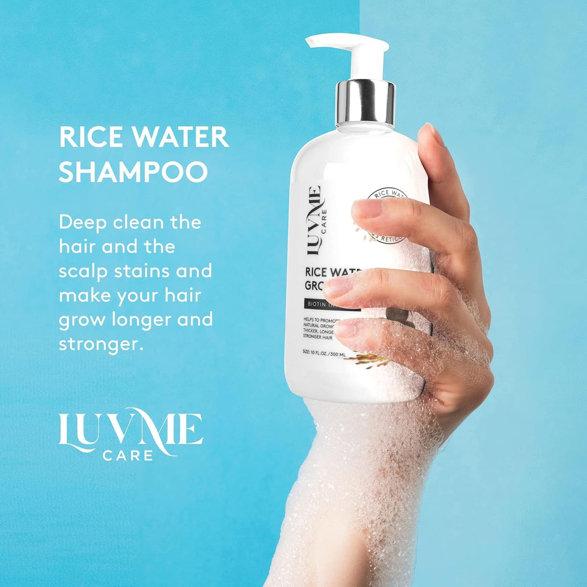 Luv Me Care label close-up highlighting rice water and biotin for strengthening
