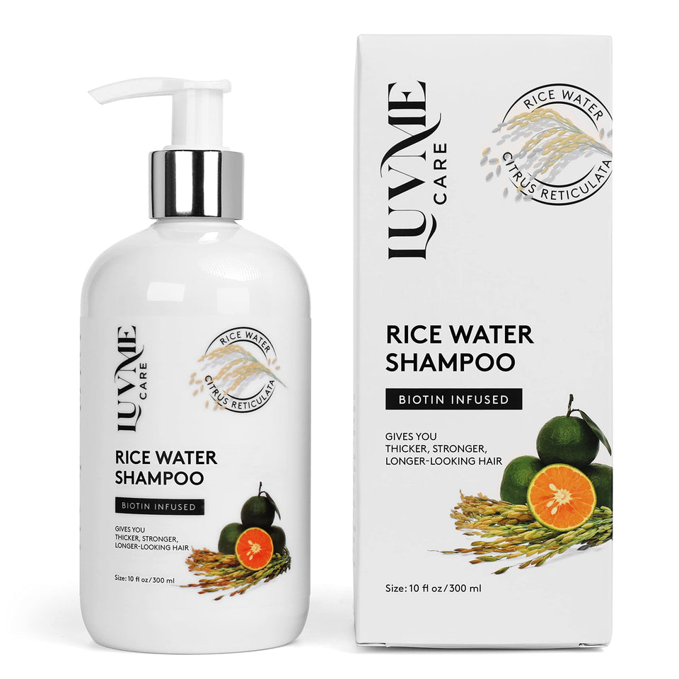 Luv Me Care front bottle showing label and rice water benefits