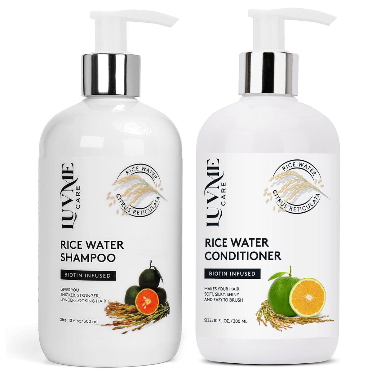 Luv Me Care front packaging showing the full shampoo and conditioner set and benefits