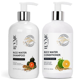Luv Me Care front packaging showing the full shampoo and conditioner set and benefits