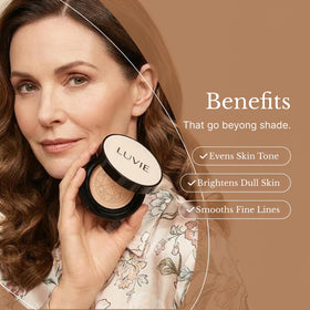 LUVIE model wearing Ivory shade with dewy finish demonstrating natural glow benefit