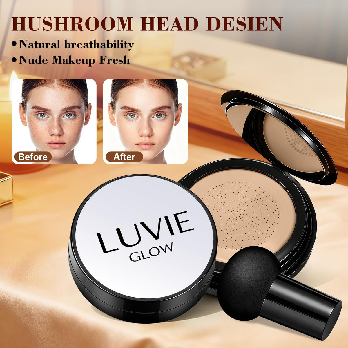 Luvie Glow Foundation mushroom puff close-up demonstrating soft applicator for even coverage