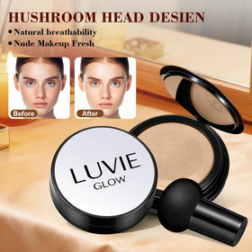 Luvie Glow Foundation mushroom puff close-up demonstrating soft applicator for even coverage