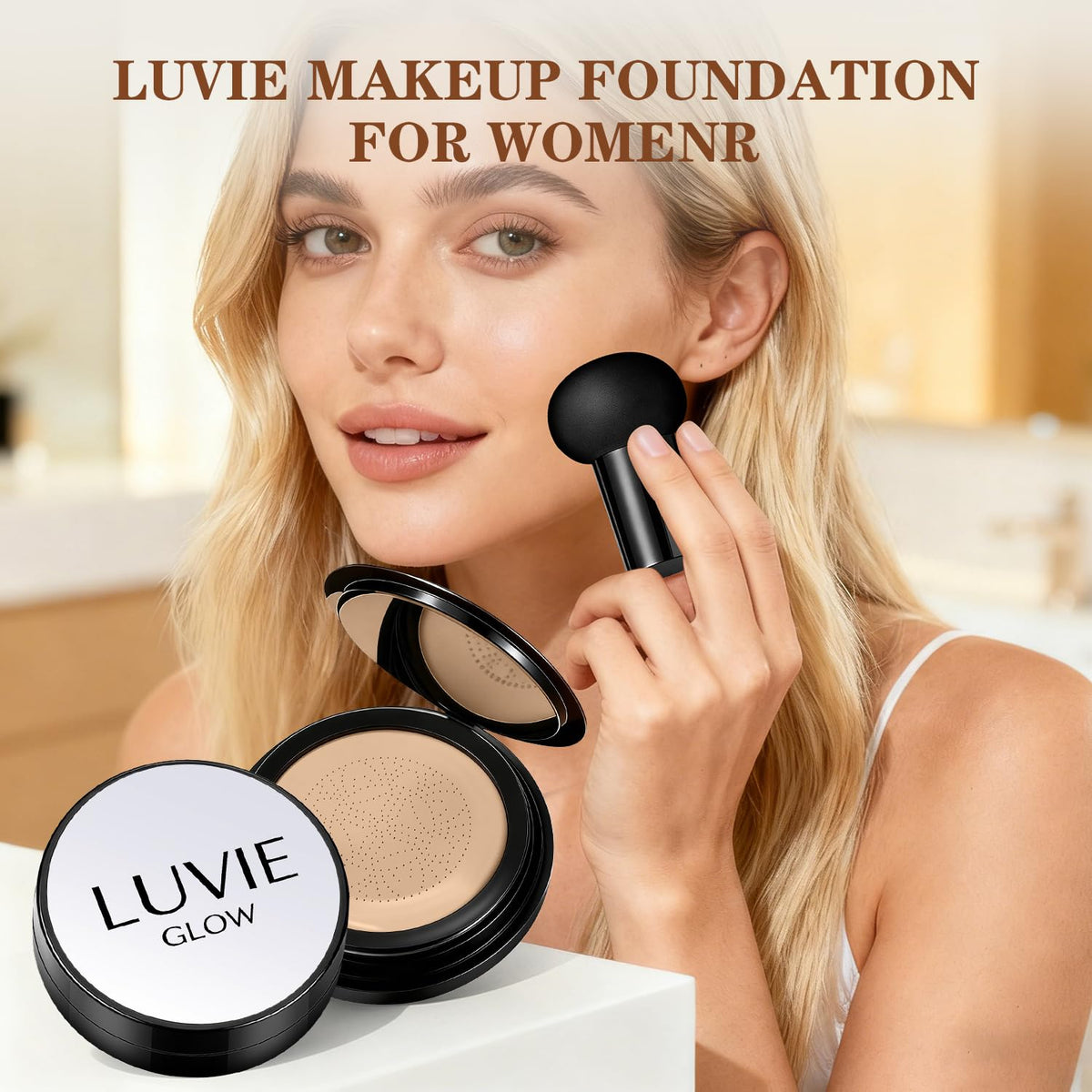 Luvie Glow Foundation open compact with puff in use for quick, streak-free application benefit