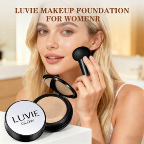 Luvie Glow Foundation open compact with puff in use for quick, streak-free application benefit