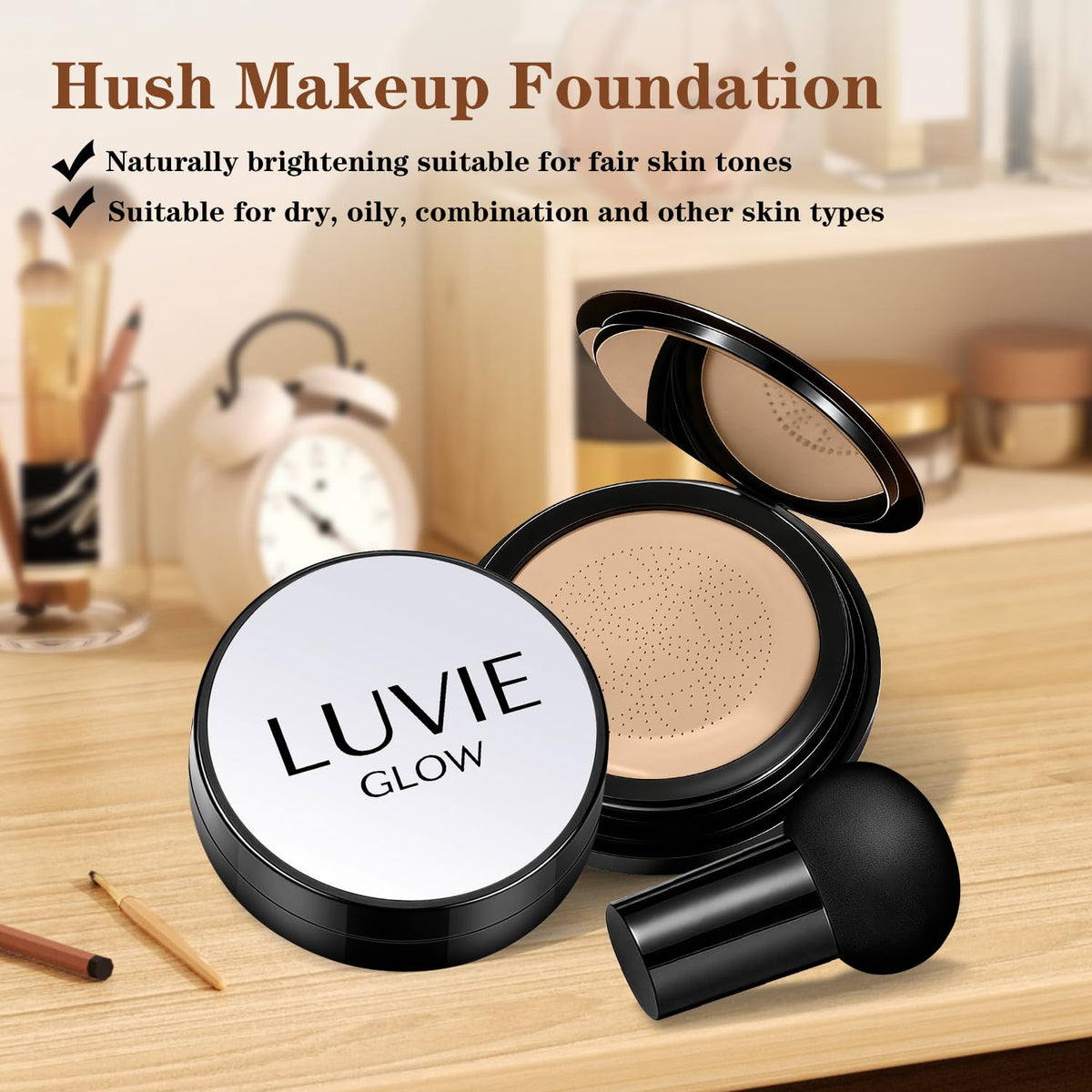 Luvie Glow Foundation compact next to hand showing size and travel-friendly convenience benefit