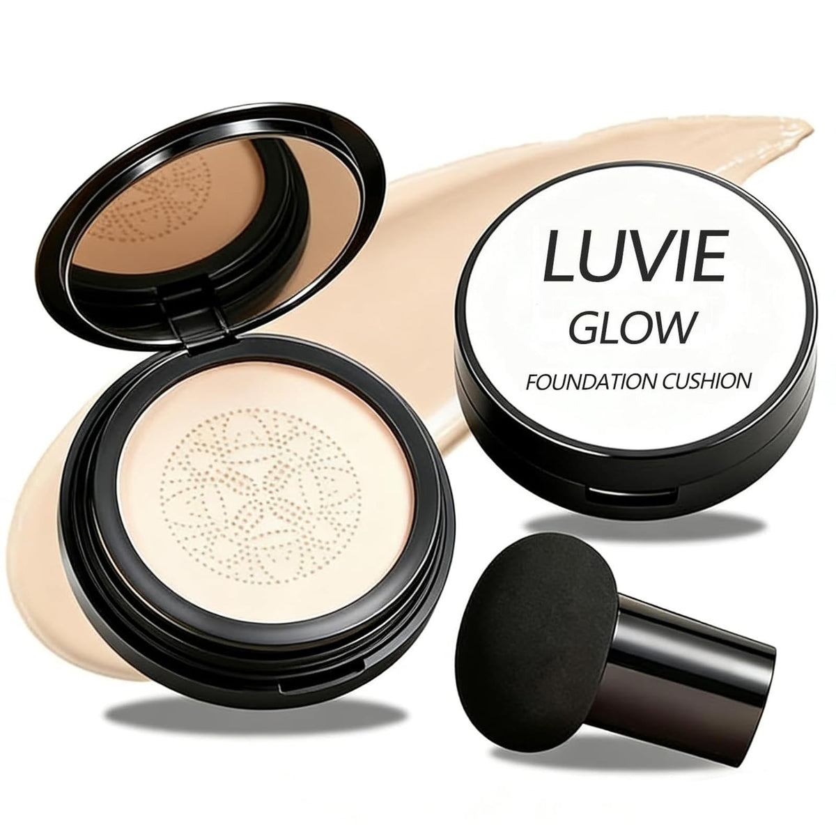 Luvie Glow compact front view showing warm cushion, elegant packaging and portability