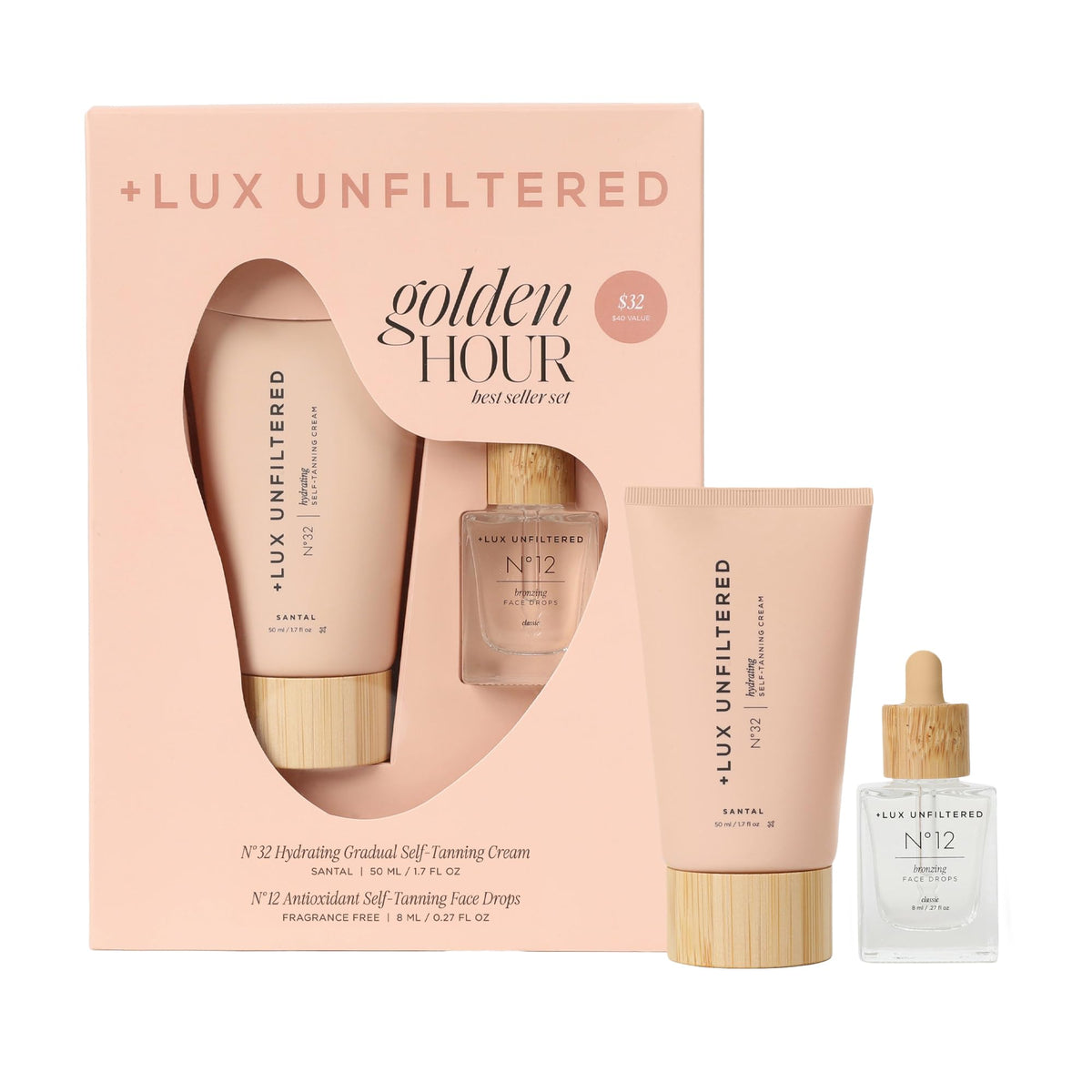 Lux Unfiltered mini kit front packaging shows compact travel-ready tanning duo and gifting appeal