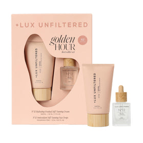 Lux Unfiltered mini kit front packaging shows compact travel-ready tanning duo and gifting appeal