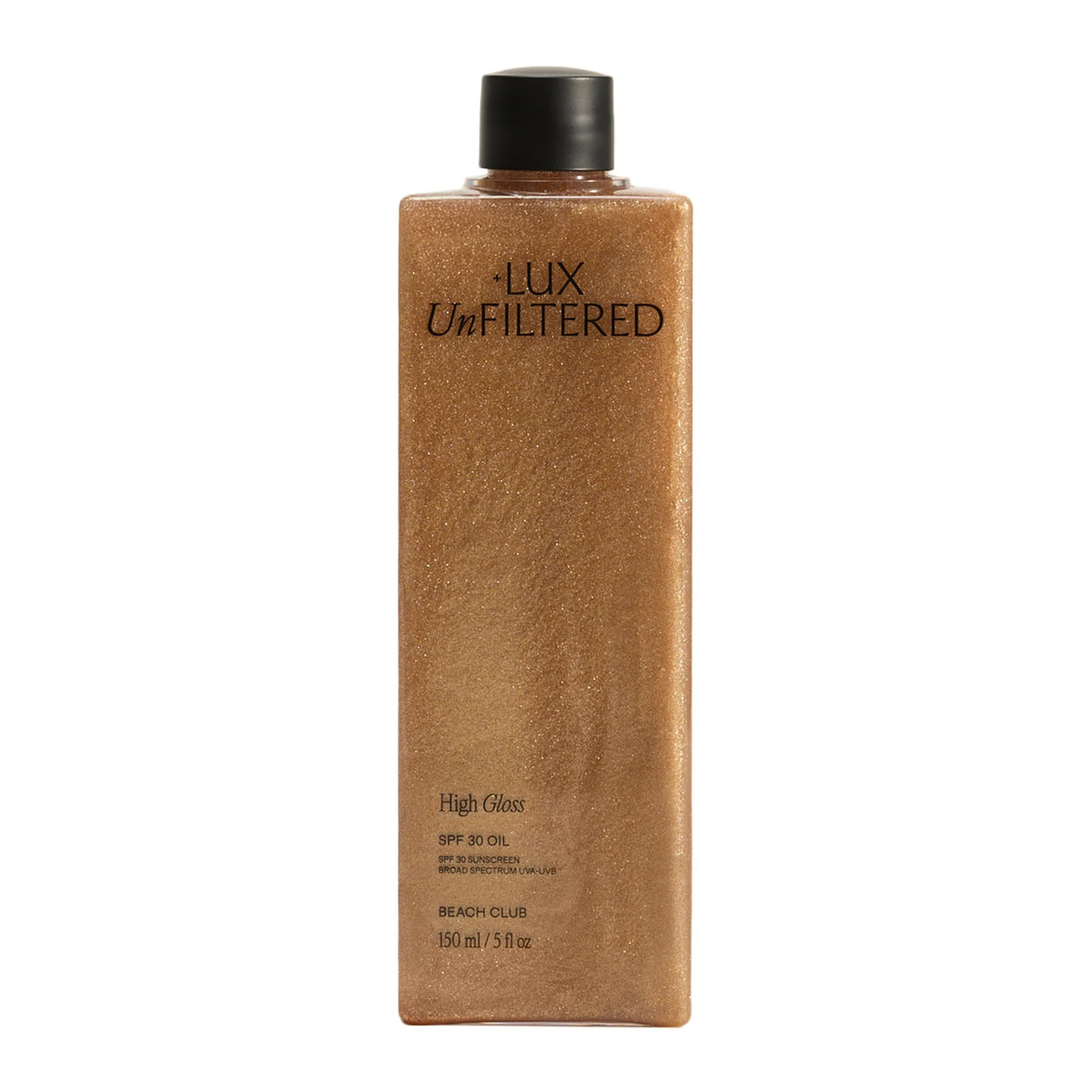 Lux Unfiltered front bottle view showing bronzed oil and glossy finish benefit