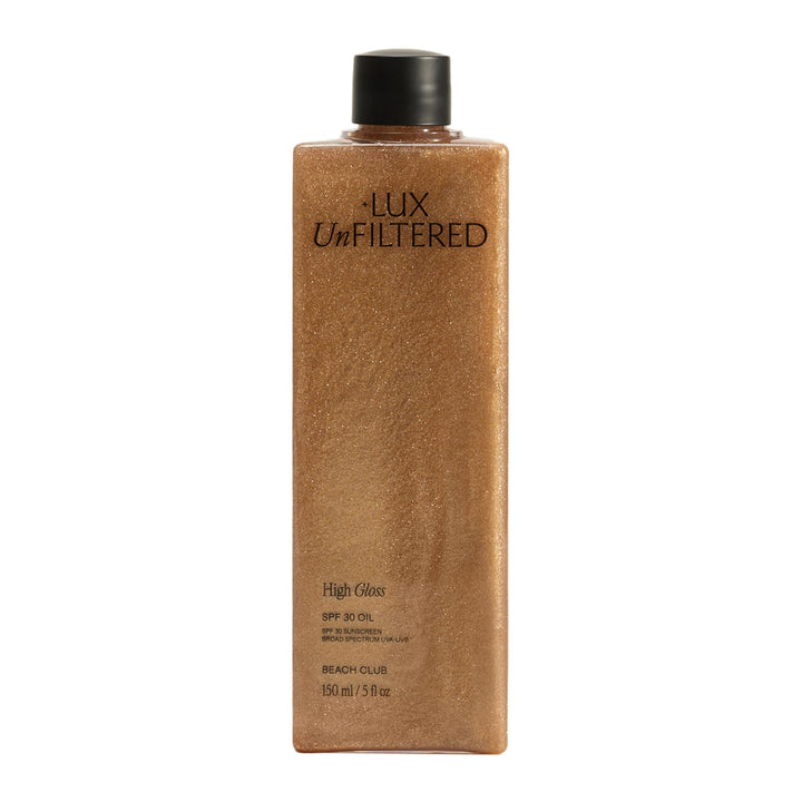 Lux Unfiltered front bottle view showing bronzed oil and glossy finish benefit