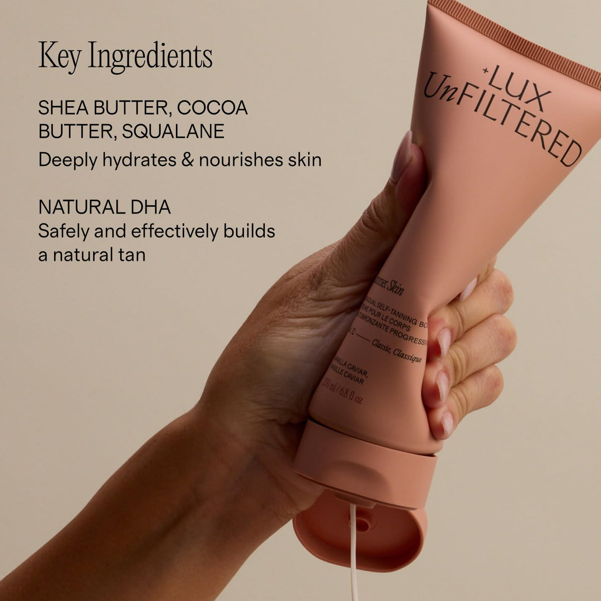 Lux Unfiltered application on hand demonstrating even spread and buildable natural color