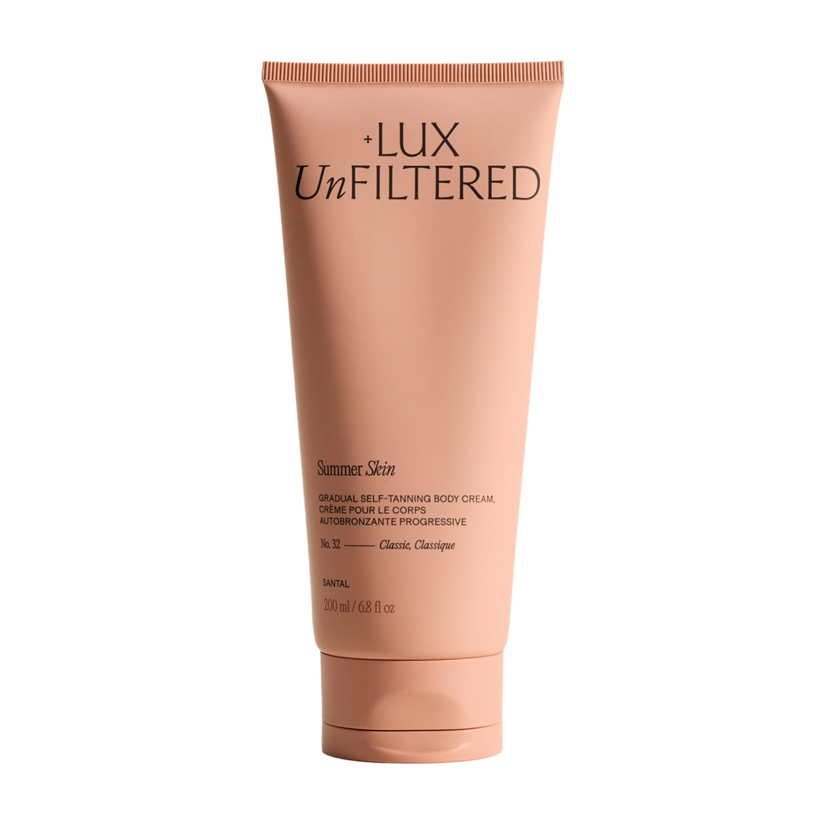 Lux Unfiltered N°32 front bottle showing clean packaging and natural look benefit