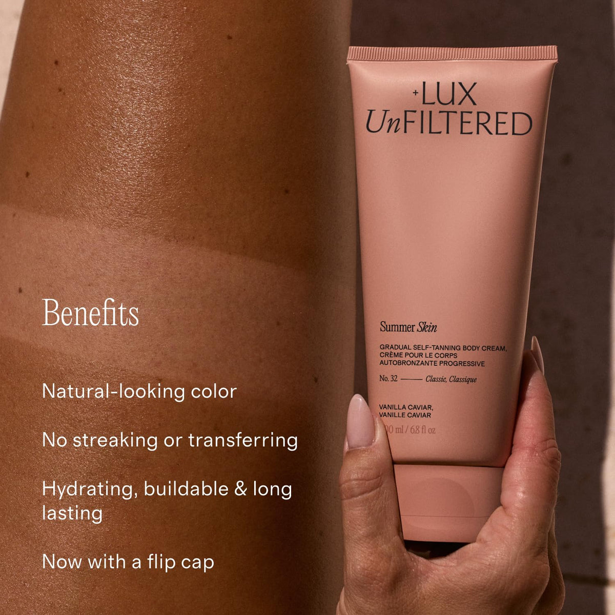 Lux Unfiltered N°32 lotion texture on hand demonstrating smooth, hydrating finish benefit