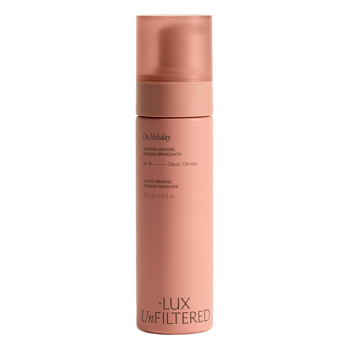 Lux Unfiltered bottle front view showing sleek packaging and tanning benefits
