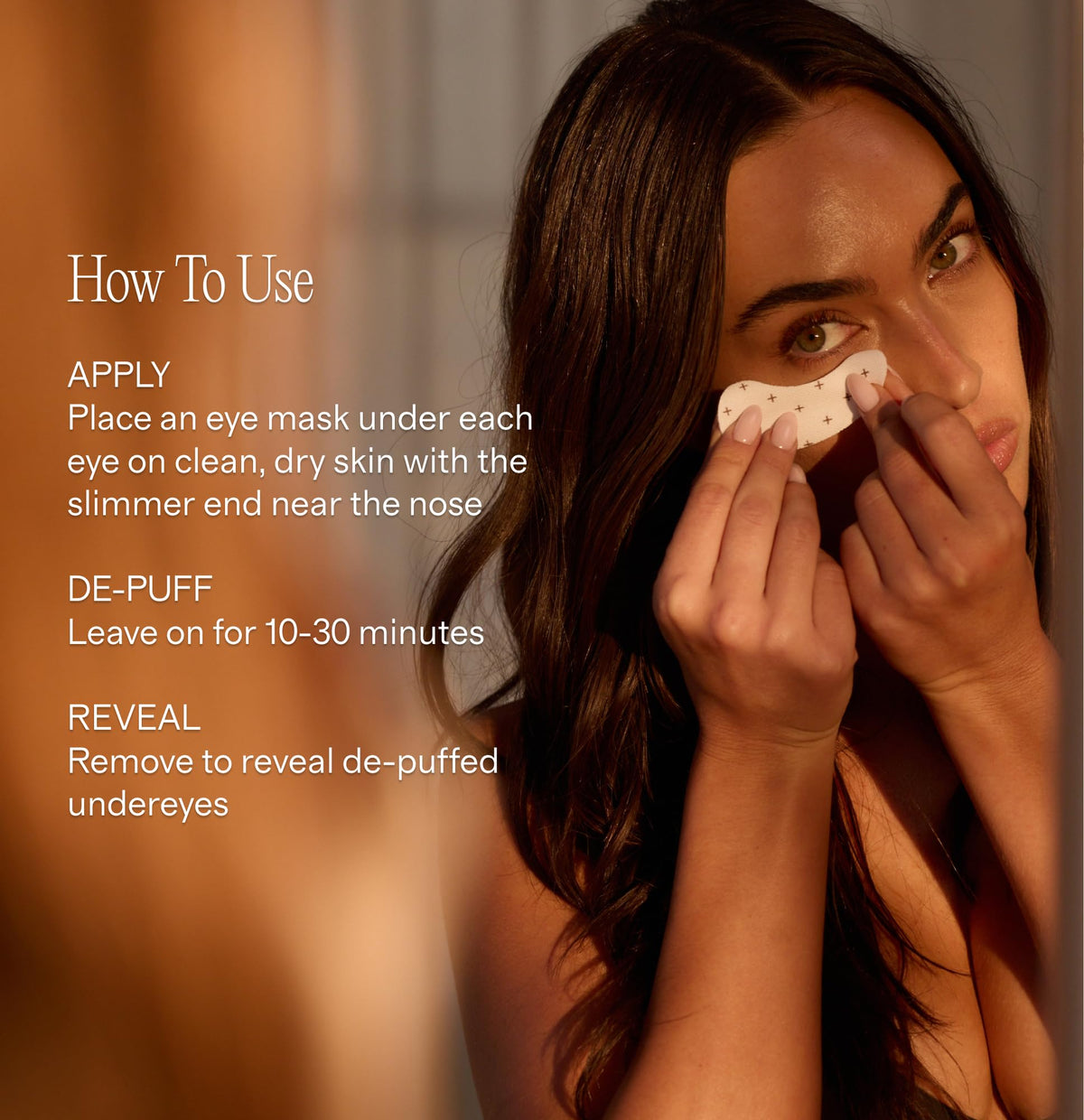Lux Unfiltered patches applied under eyes demonstrating secure fit