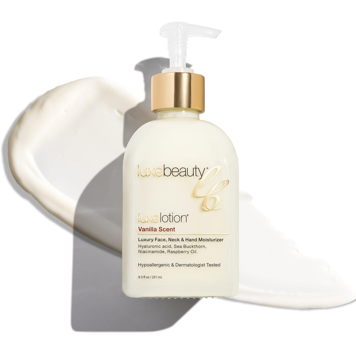 Luxe Beauty front packaging showing vanilla lotion and clean design benefit hydration