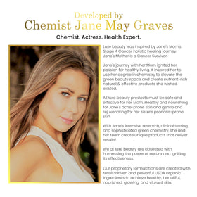 Luxe Beauty ingredient label close-up emphasizing silicone-free, organic formulation benefit clarity