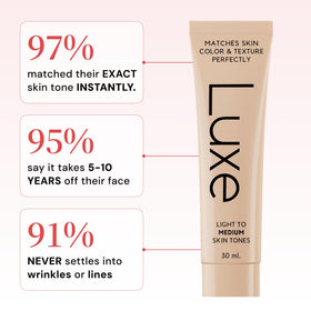 LUXE before and after comparison illustrating even coverage and reduced redness