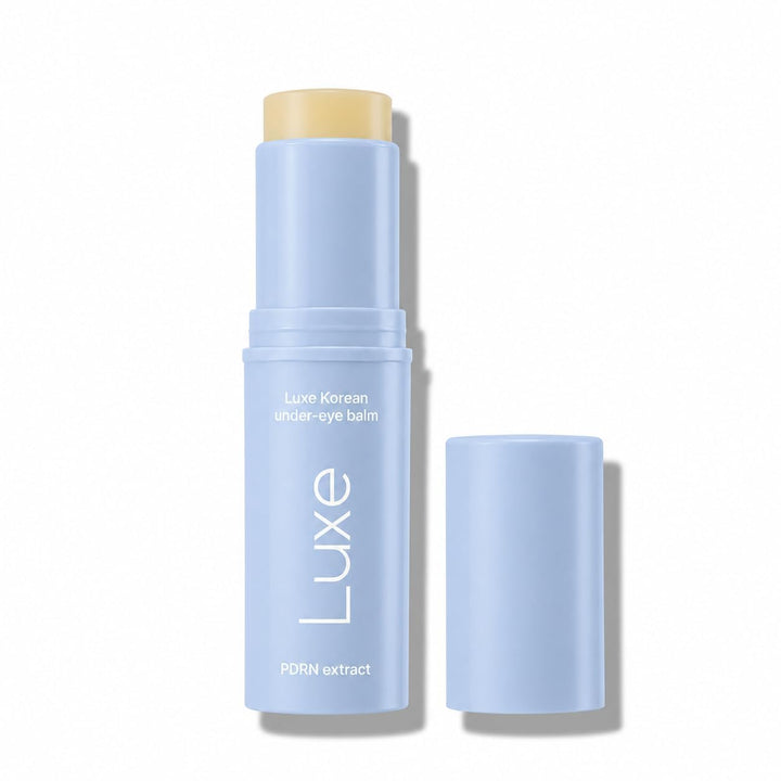 LUXE front packaging showing the eye balm stick and label benefit