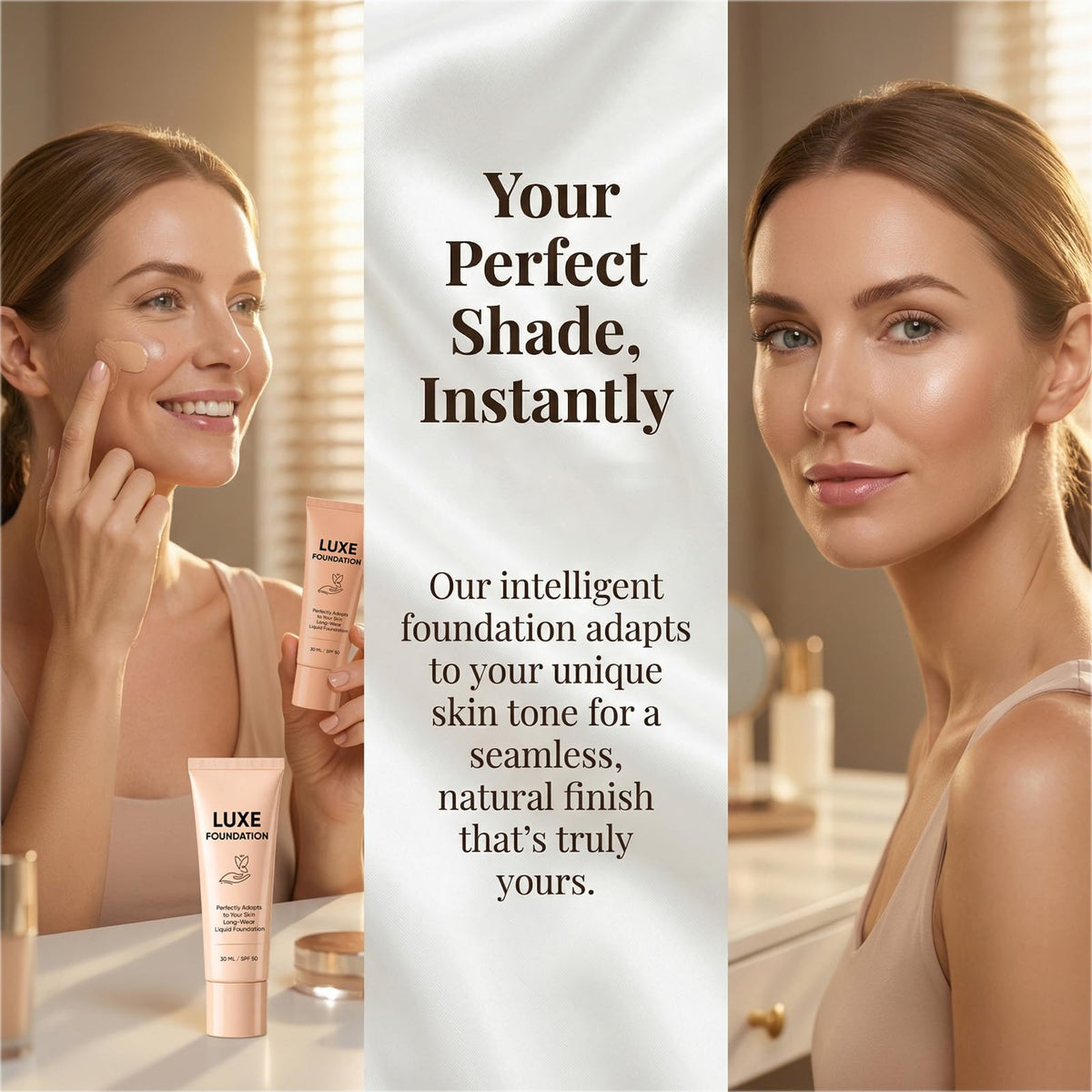LUXE FOUNDATION 30ml bottle beside passport to show travel-friendly size convenience