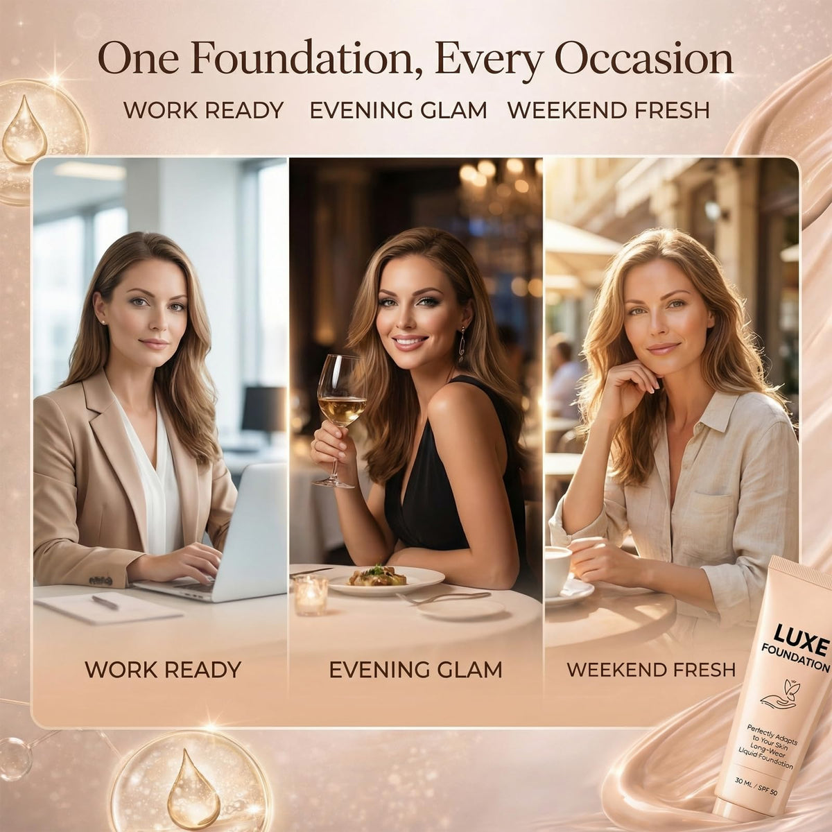 LUXE FOUNDATION applied by hand in lifestyle scene showing hydrated, even complexion
