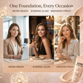 LUXE FOUNDATION applied by hand in lifestyle scene showing hydrated, even complexion
