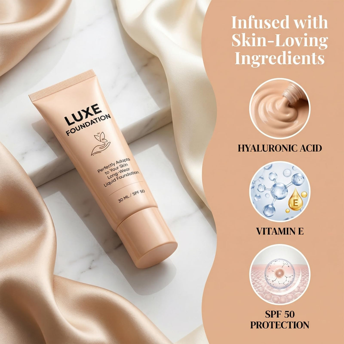 LUXE FOUNDATION pump dispensing cream illustrating easy, mess-free application and control