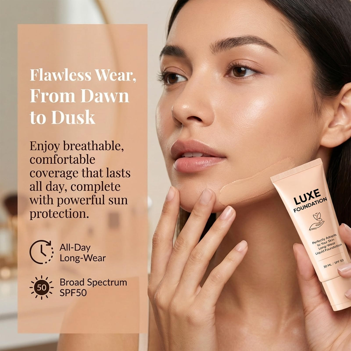 LUXE FOUNDATION SPF50 label detail emphasizing sun protection benefit in daily wear