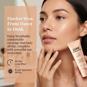 LUXE FOUNDATION SPF50 label detail emphasizing sun protection benefit in daily wear