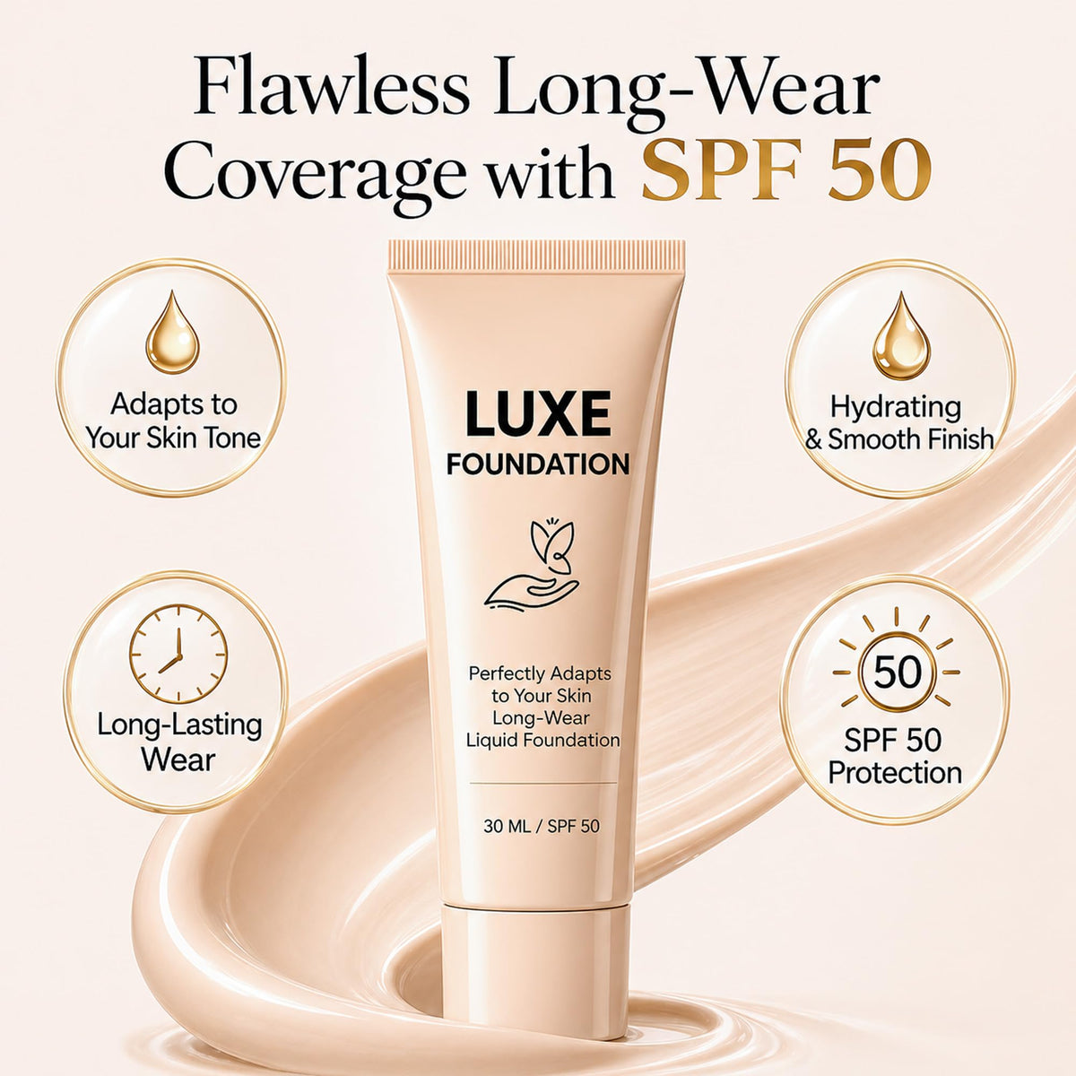 LUXE FOUNDATION texture close-up highlighting creamy microcapsules and smooth blending benefit